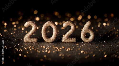 Glimmering Golden 2026 Numerals Against a Dark Background with Sparkling Bokeh Effect for Celebratory Themes