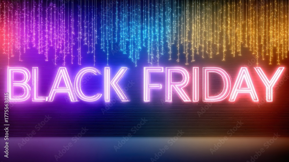 Obraz premium Illuminated Black Friday: A radiant neon sign casts a festive glow, beckoning shoppers to embrace the exciting discounts and savings of the year's biggest shopping event. 