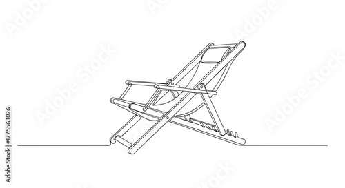 Folding deck chair in minimalist line art on white background