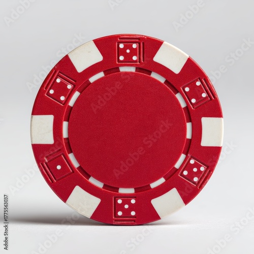 Red casino chip with white stripes and dice design on a plain background, perfect for gambling themes