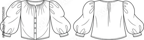 Puff sleeve blouse fashion flat sketch, women’s top front and back view, stylish garment design, button up shirt vector template