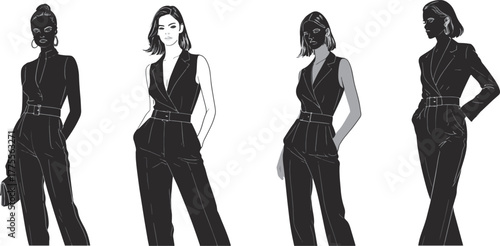 Fashion woman silhouettes in stylish pantsuit, elegant female model poses, black and white vector art