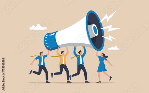Teamwork amplifies message people carry giant megaphone announcing important news and ideas with great energy and collaboration