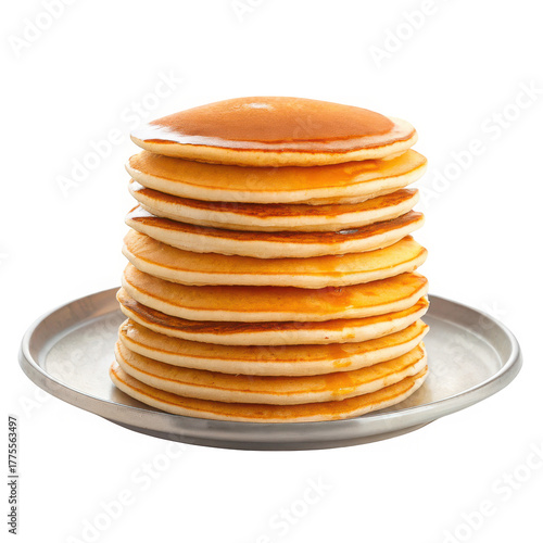 Stack of delicious pancakes with syrup on a silver plate isolated on transparent background