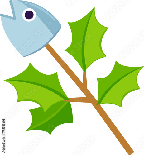 Hiiragi Iwashi ("Holly Sardine") Japanese Setsubun tradition. Cooked sardine head impaled on a holly branch. Cartoon vector illustration.