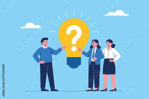 Teamwork and innovation concept people collaborating around a bright idea lightbulb with a question mark symbolizing discovery and problem solving for business growth