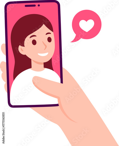 Video call with loved one. Hand holding smartphone with woman on screen. Online dating, friendship, family. Simple flat cartoon vector illustration.