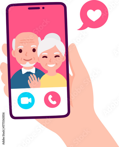 Video call with grandparents or aging parents. Hand holding smartphone with elderly couple on screen. Simple and cute flat cartoon vector illustration