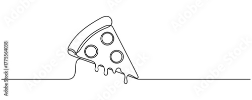 One continuous line pizza slice menu concept. Restaurant food pizzeria icon single line drawing. Hot dinner style vector graphic illustration Editable stroke