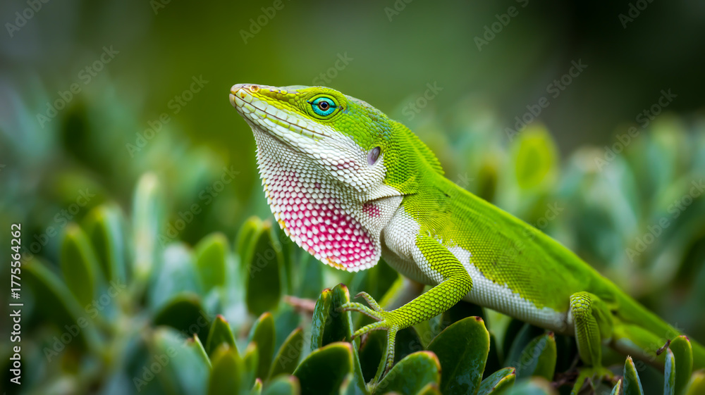 Fototapeta premium A close-up photograph of a vibrant green anole lizard perched on green foliage.