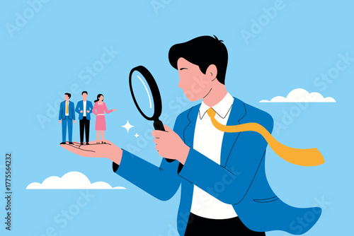 Business professional using a magnifying glass to examine a small group of people symbolizing recruitment or talent selection for company growth