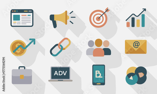 Colorful Marketing and Business Icons with Long Shadows.