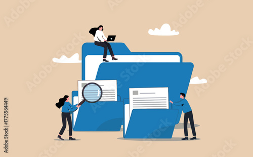 Digital document organization concept with people analyzing files data and information using magnifying glass and laptop