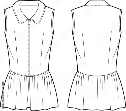 Sleeveless peplum top flat sketch, women blouse with collar and front zipper, fashion design template, clothing technical vector illustration