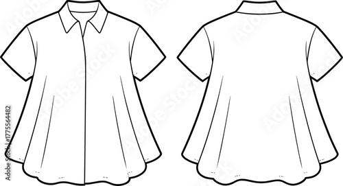 Women short sleeve flared shirt flat sketch, casual blouse fashion design template, technical drawing of loose fit top illustration