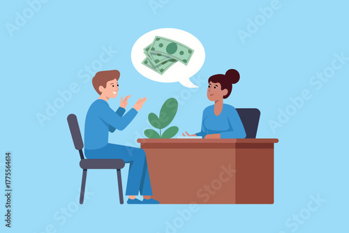 Business meeting with financial goals discussed and dollar sign thought bubble above desk