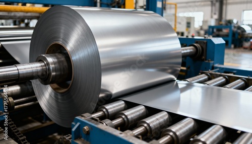 Rolled steel coil on an industrial production line. Sheet metal processing on a conveyor machine in a factory. Heavy industry and manufacturing concept