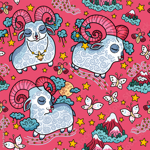 A seamless vector pattern with rams on clouds for the bedroom and bed. A bright background for children's textiles.