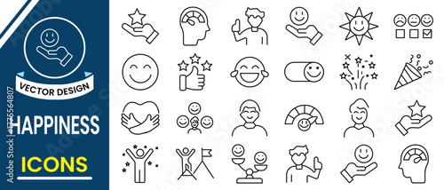 Happiness icon set. Outline icons related to happiness vectorm symbol.  Happy people icon set, party friends, joy expression feeling, vector illustration on white background.