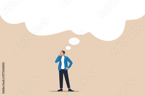 Thoughtful man standing in an empty space with a large blank thought bubble above his head representing ideas and contemplation