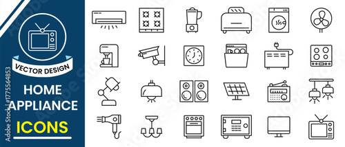 Home appliances icons. Household appliance, vacuum cleaner, refrigerator, TV, cooking, entertainment, dishwasher, collection. Electronic equipment, cooking, cleaning, entertainment and more. 