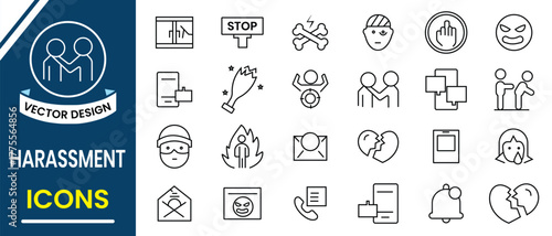 Harassment icons set. Harassment and abuse line icon. Creative icons violence, beating, threatening letter, afraid, aggression, bullying, depressed, unhappy, emotional, pressure. Vector illustration.