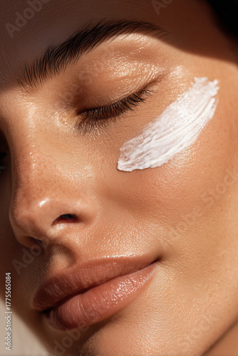Close up detail of beautiful beauty woman with hydrating facial lotion cream smear applied on face. Skincare and cosmetics concept background.