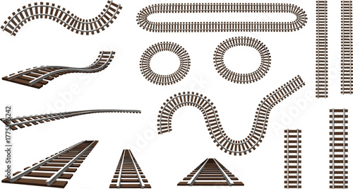 Vector collection of railway track segments; straight, curved, circular, and wavy designs for transport layouts, game development, and infrastructure planning