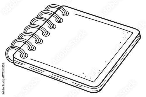 A minimalist black-and-white drawing of a blank rectangular notebook page with spiral binding on the left edge. The hand-drawn sketch style shows curved coil rings connecting the edge of the paper.