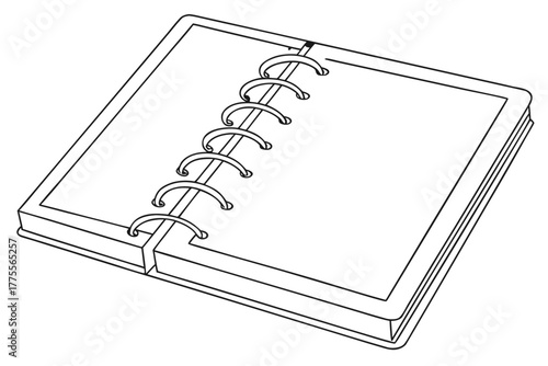 A black and white line drawing of a spiral-bound notebook shown at an angle. It has a thick cover, visible pages, and a coil binding on the left side, with small dots suggesting texture or wear.