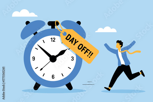 Joyful celebration of a day off with an alarm clock signaling freedom from work routine and stress