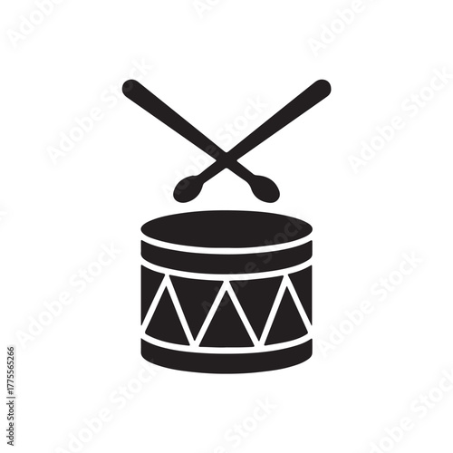 Simple black and white illustration of a drum with two drumsticks