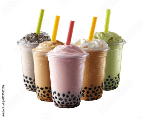 Five colorful bubble tea drinks in clear cups, topped with various creamy textures