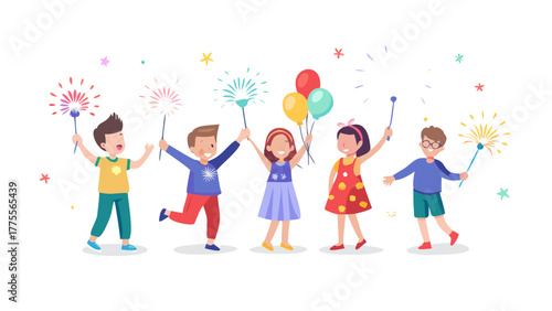 Happy kids in colorful clothes holding sparklers and balloons, celebrating New Year outdoors with laughter, fireworks, and fun energy . vector icon
