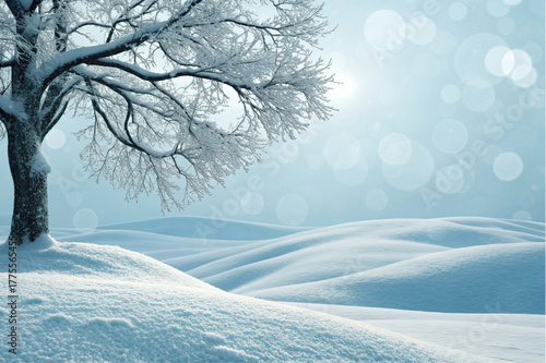 A winter landscape with a single snow covered bare tree. This vector background has hills, sun, and bokeh, a beautiful, cold, and peaceful scene for a holiday.