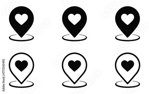  Heart location pin icon set – solid and outline black symbols for love, travel, dating, emotional mapping, and location-based design use