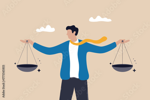 Man holding a balanced scale symbolizing fairness justice and equilibrium in decision making with clouds in the background