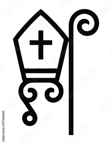  Ecclesiastical icon with bishop mitre and crosier – minimalist black symbol of Christian clerical authority, tradition, and leadership