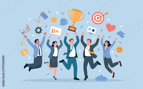 Excited business team celebrating success jumping high with trophies awards goals and achievements above them