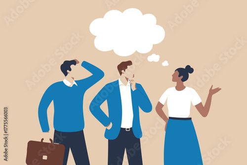 Team collaboration and decision making three professionals pondering ideas in a thought bubble for business strategy and planning
