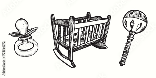 Pacifier, Cradle, Beanbag. Ink black and white doodle drawing in woodcut style