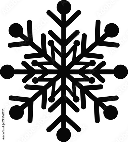Simple black snowflake vector graphic with six arms and small circles at the tips