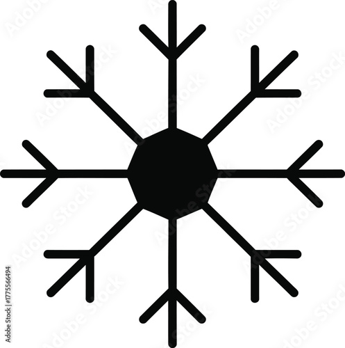 Simple black snowflake icon vector graphic illustration, representing winter season and cold
