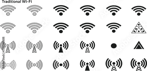Set of Wi-Fi Icons Depicting Wireless Connectivity and Signal Strength for Digital Communication