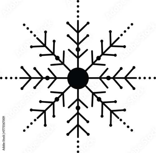 Simple black snowflake with dots on white background, vector illustration. winter design element.
