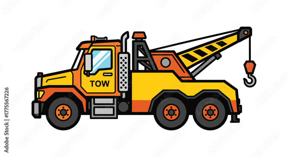 Fototapeta premium Illustration of a yellow tow truck with a crane cartoon style drawing
