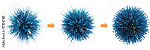 Conceptual illustration of a nanoparticle or quantum dot self-assembly process shown in three stages