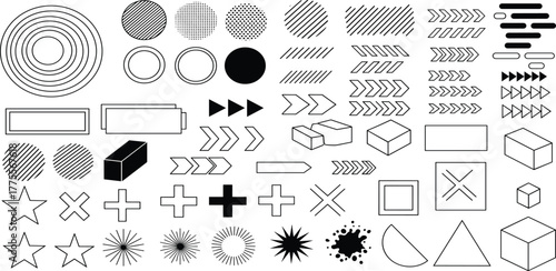 A versatile set of black and white geometric shapes, abstract icons, and modern graphic design elements isolated on a white background