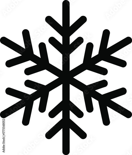 Simple black snowflake icon vector graphic, representing winter, cold, and frost, easily scalable