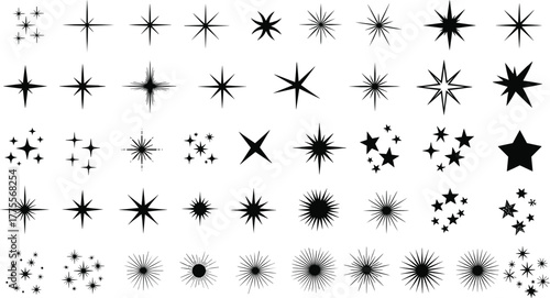 A large collection of black star and sparkle icons. Vector set of twinkle, glitter, and light burst shapes for graphic design elements
